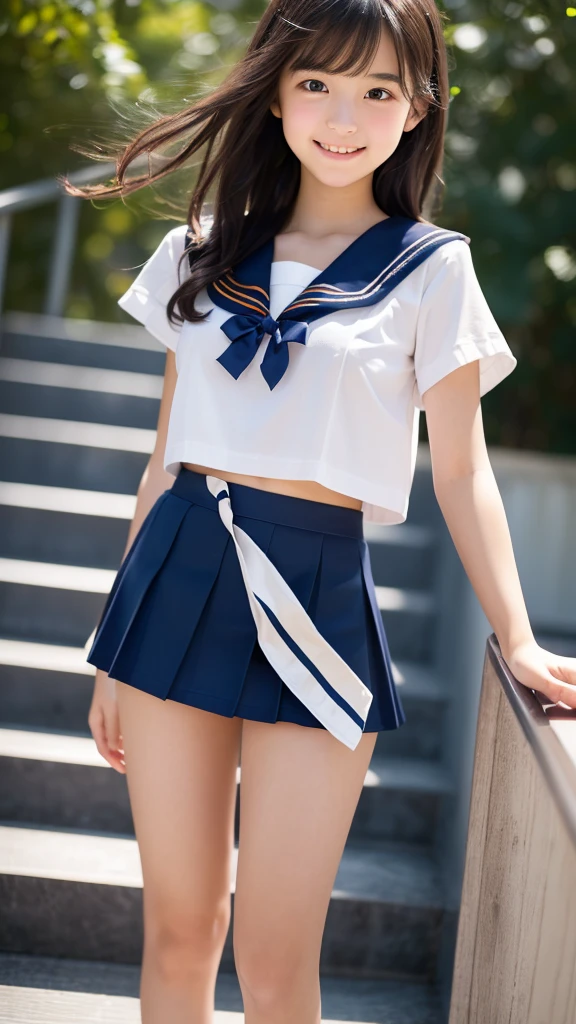 8k UHD、Digital single-lens reflex camera、High resolution、shallow depth of field、Natural light、(((sailor suit)))、(((Dark blue super mini skirt)))、(((full body shot)))、small person、(((young face)))、1 Japanese girl、; beautiful girl、(black hair)、(((brown eyes)))、Glossy skin、smooth thin hair、long hair、detailed background、highly detailed eyes and face、clear eyes、cute smile、Calm atmosphere、(((climb the stairs)))、(((detailed small breasts)))、(((beautiful eyes)))、petya pie、children `s、 thighs)))、(((white panties)))、(((angle from below) ))、(((detailed lips)))、(((The skirt is fluttering)))、beautiful shining legs、((nsfw))