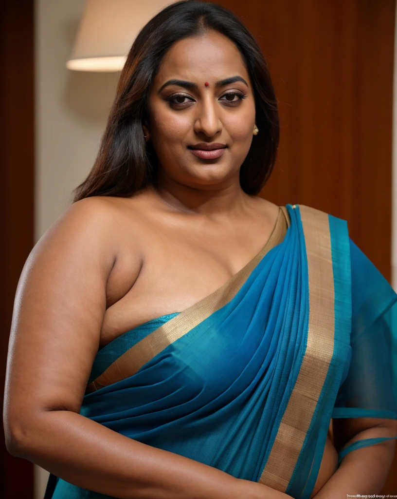 Foto RAW, photorealistic, photography, full body shot, 50 years old Woman, master shot, perfect eyes, goddess like beauty, pierced eyes, perfect thick chubby mallu Desi aunty bhabhi, Wearing a Stanapatta, a chest-band.Saree model, model Photography, Indian saree shoot, Indian traditional wear advertising photography, traditional wear brand shoot, face of Indian actress Sonakshi Sinha, masterpiece, realistic, realism, incredible details,  pleasure, photorealism, detailed skin, skin pores, high contrast, photorealistic Artstation 8k HD digital art trend of high definition and detailed realistic skin texture, ultra detail, realistic skin texture, armature, best quality, ultra high definition, (photorealistic:1.4),, high resolution, detail, raw photo, sweat, Re sharp, by Lee Jefferies Nikon D850 Film Stock Photo 4 Kodak Portra 400 Camera F1.6 Lens Rich Color Ultra Real Realistic Realistic Textures Dramatic Lighting Unreal Engine Trending at Art Station Cinestill 800,(pele altamente detalhada: 1.2), 8k UHD, DSLR, soft-lighting, alta qualidade, grain of film, Fujifilm XT3,she didn't like to wear blouse or bra, she is happy to wear only saree, she hates blouse or bra, detailed hairy armpits, hyper realistic skin, skin pores, sweat, veins, 