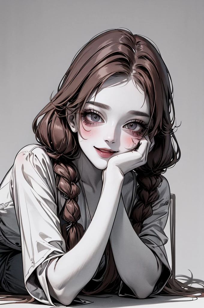 Top Quality, (background detailed), vacant eyes, pouncing, approaching on all fours, full body, twin tails, underwear, high contrast, super beautiful girl, detailed original illustration, sensual, delicate face, alluring, bad girl, sexy, looking at camera, real breasts, stalker, crazy smile Pale skin, bloody, dark hair, yandere, beautiful line drawing