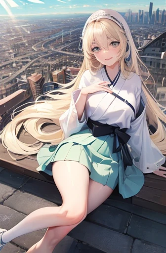 Official Art, masterpiece, Clear focus, (beautiful, Beautiful and cute Korean woman:1.3), (Beautiful and cute Korean:1.3), Korean beauty, 精致beautiful头发、Eyes and face, actual, Super detailed, beautiful女孩, Blue sky, Glowing white particles, (Side Light:1.2), Sunlight, White Cloud, Detailed clouds, Slim, Such a cute big ass, Smile with teeth bared, ((Smile with your eyes, Open your eyes)), landscape, Long straight hair, sexy facial expression, architecture, (city View:1.7), Dynamic Hair, very Long straight hair, Delicate platinum-blonde hair, Green Eyes, Pink skirt, Black socks, Pale skin, Hair accessories, epic landscape,,White high heels,Nice ass,beautiful buttocks,There's nothing under the skirt.,weight loss