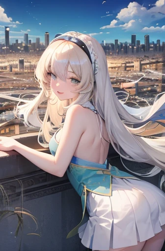 Official Art, masterpiece, Clear focus, (beautiful, Beautiful and cute Korean woman:1.3), (Beautiful and cute Korean:1.3), Korean beauty, 精致beautiful头发、Eyes and face, actual, Super detailed, beautiful女孩, Blue sky, Glowing white particles, (Side Light:1.2), Sunlight, White Cloud, Detailed clouds, Slim, Such a cute big ass, Smile with teeth bared, ((Smile with your eyes, Open your eyes)), landscape, Long straight hair, sexy facial expression, architecture, (city View:1.7), Dynamic Hair, very Long straight hair, Delicate platinum-blonde hair, Green Eyes, Pink skirt, Black socks, Pale skin, Hair accessories, epic landscape,,White high heels,Nice ass,beautiful buttocks,There's nothing under the skirt.,weight loss