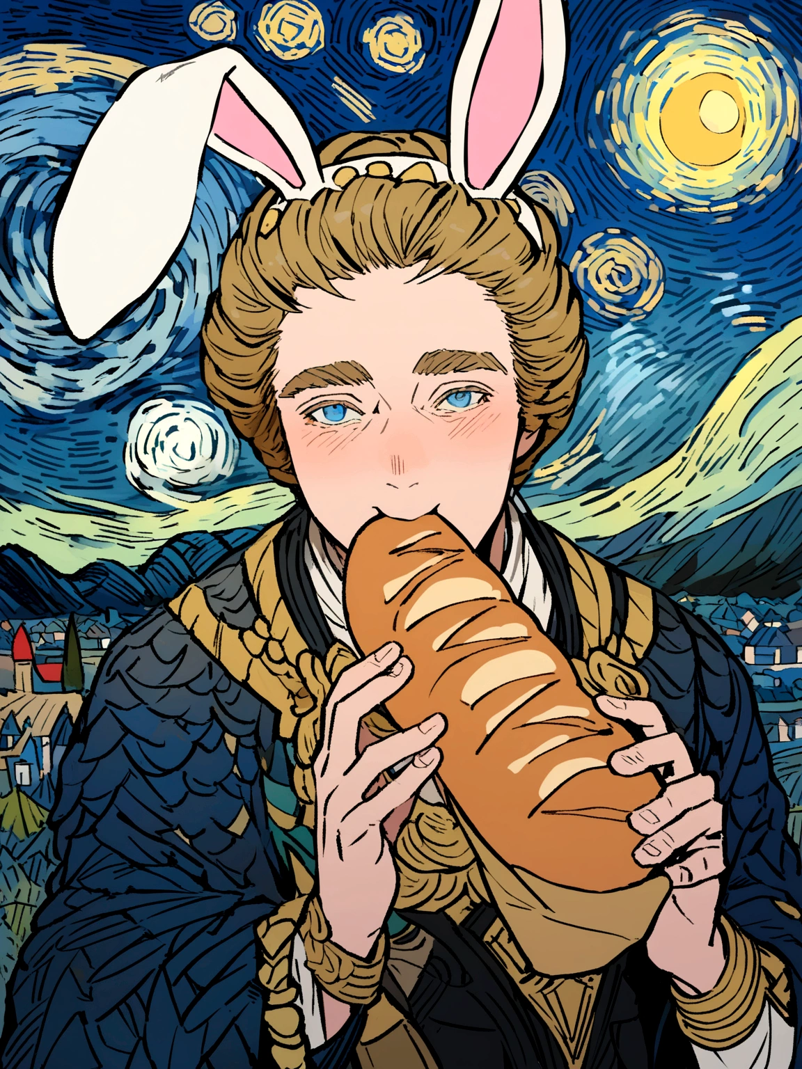 A man with bunny ears wearing antiquity clothes, eating bread, Van Gogh's Starry Night Style