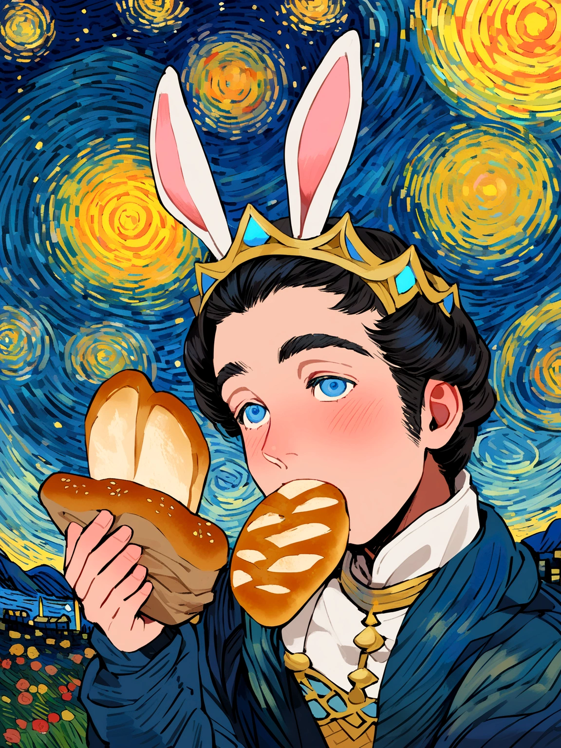 A man with bunny ears wearing antiquity clothes, eating bread, Van Gogh's Starry Night Style