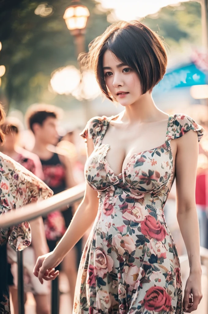 best quality, one girl, (skin indentation), (huge breast: 1.2), (blur background: 0.6), in a crowded amusement park, (casual yet stylish, elegant clothing, floral dress: 1.5), gorgeous, (short hair: 1.5), soft lighting, wind, (front light: 1.5), surprised,