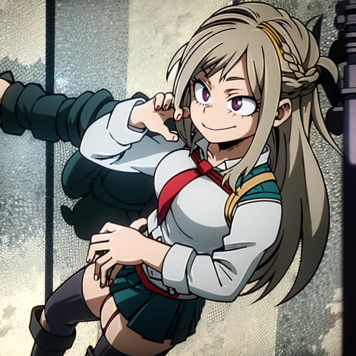 1girl, female focus, boku no hero academia, masterpiece, best quality, very aesthetic, cowboy shot, big breasts, long braid hair, dark hair, purple eyes, smirk, gray jacket, red tie, white shirt, teal skirt, gray tights, boots