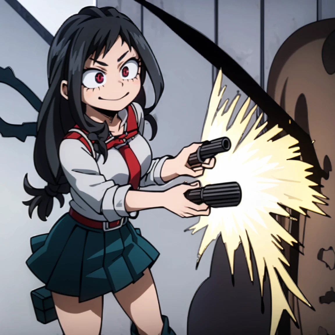 1girl, female focus, boku no hero academia, masterpiece, best quality, very aesthetic, cowboy shot, big breasts, long braid hair, dark hair, purple eyes, smirk, gray jacket, red tie, white shirt, teal skirt, gray tights, boots