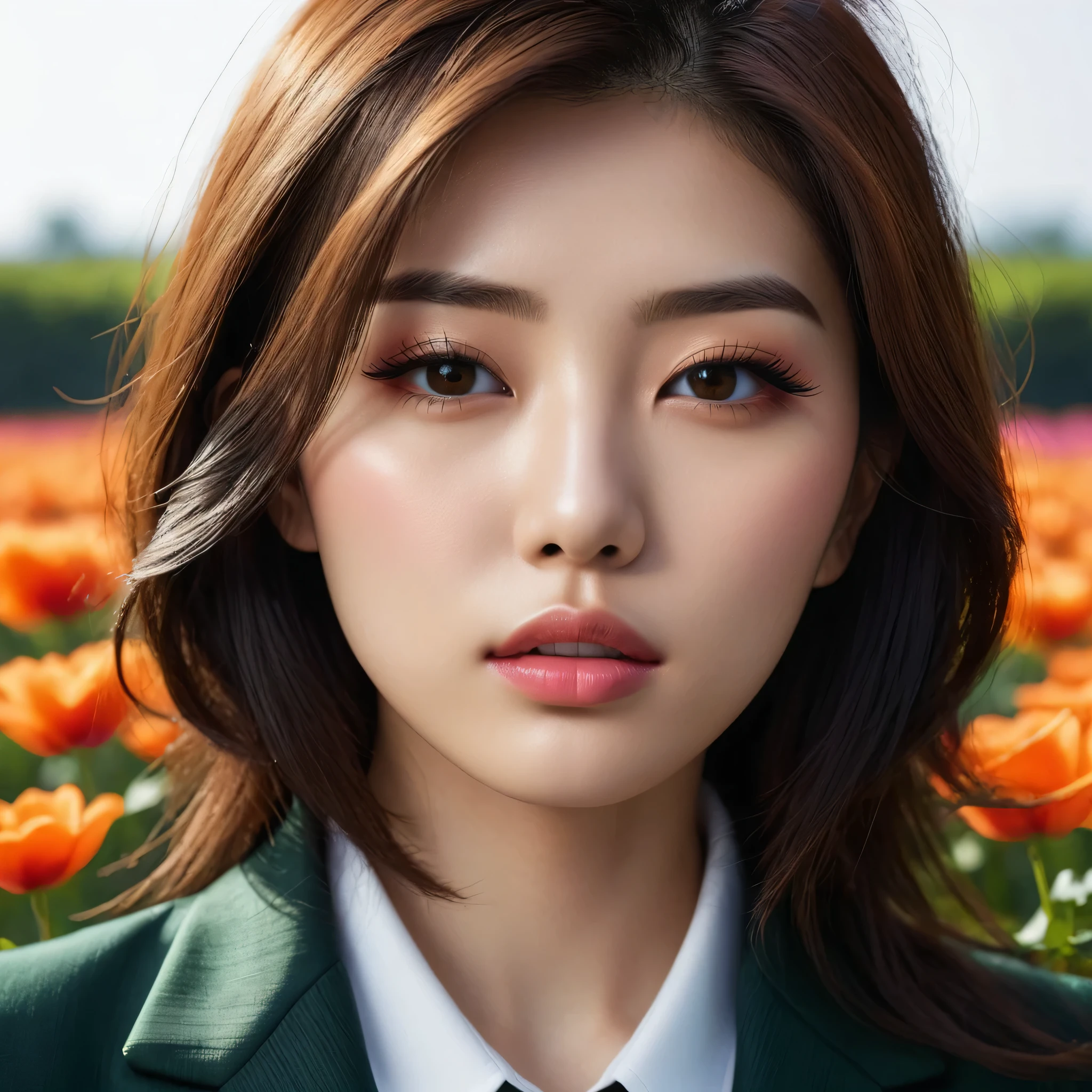 ((Make your subject look three-dimensional with the contrast of light and shadow)). photorealistic Realism 16K Quality: ((ultra absurd details quality realistic texture skin)), Photorealistic photo (portrait) a cute Japanese, 16 years old, Upper body photo, Looks sleepy, inattention, Open your mouth, (Hyper details realistic brown_eyes:1.25), ((finely details pupils:1.3)), Perfect makeup, (detailed symmetrical lips:1.3), ((V-line jaw)), pink_lipstick:1.3, (Hyper details eyelashes), (perfect dark_eyeshadows:1.25), (Detailed nose:1.2), (perfect composition), (Orange Cheek), ((White brown straight hair, (Long Hair, middle part:1.3)), (Hidden eyelid wrinkles:1.3), (The blazer he is wearing is dark green and has a gothic design.:1.28), (The subject was photographed from above at an angle:1.3), (Flower Field:1.3), (Face close-up)
