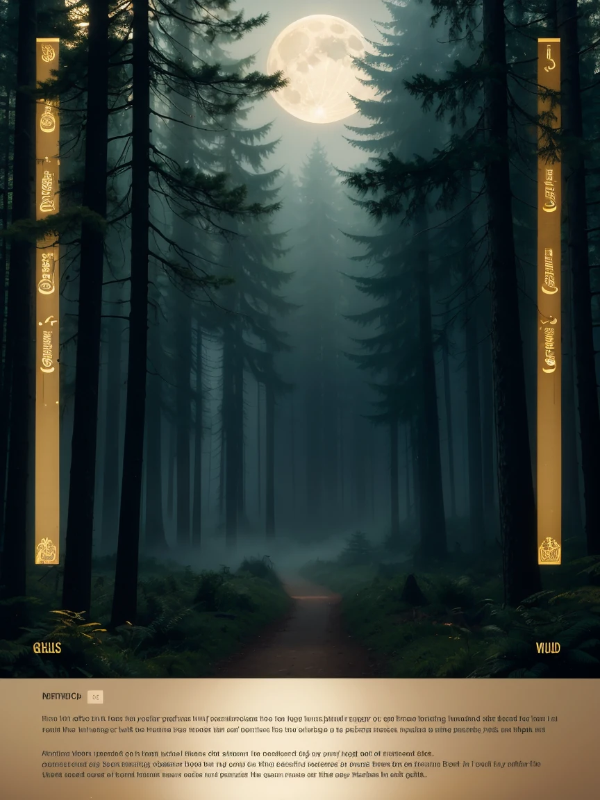 a misty forest background at night, with tall trees and a full moon partially hidden by clouds. Surrounding the central text are subtle gold musical note icons and classical instrument silhouettes. In the bottom right corner, a highlighted phrase:  soft light effect illuminates the center of the banner, highlighting the text and creating a mysterious and captivating atmosphere.
