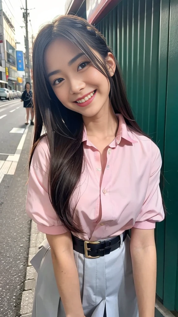Raw photo、Ultra-realistic、Ultra detailed face、Detail lips、Detailed eyes、High school girl smiling showing her teeth、Long Hair:1.1、chest、Visible curves、Laughing with your mouth open 、Tokyo city角、 Whole body、( Slender body)、(Long Hair)、Big Breasts、Idol、(pastel colour)、18-year-old、Small face、Braid、 Tokyo city、Long beautiful legs 1.2、Curved waist、flower、uniform