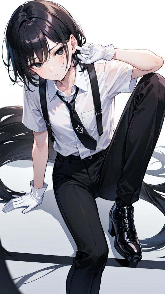 18-year-old boy,cute,Wear a white short-sleeved shirt and a black work tie,Wear black pants,Wear black booties,Wear white gloves,Black hair,Black eyes,Seductive pose