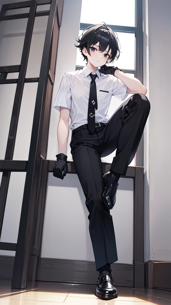 18-year-old boy,cute,Wear a white short-sleeved shirt and a black work tie,Wear black pants,Wear black booties,Wear white gloves,Black hair,Black eyes,Seductive pose