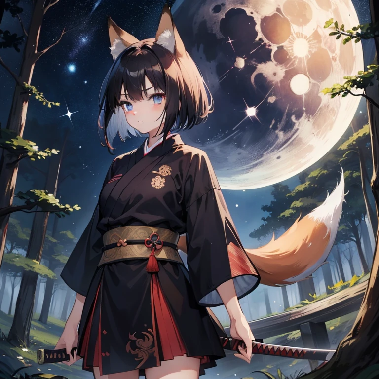 Masterpiece, best quality, one fox girl, brown fox ears and tail, has has black short hair, Blue eyes, beautiful eyes, wears Samurai clothes, in the forest, holding katana, Night, Stars and Moon in the sky, Forest background, serious face