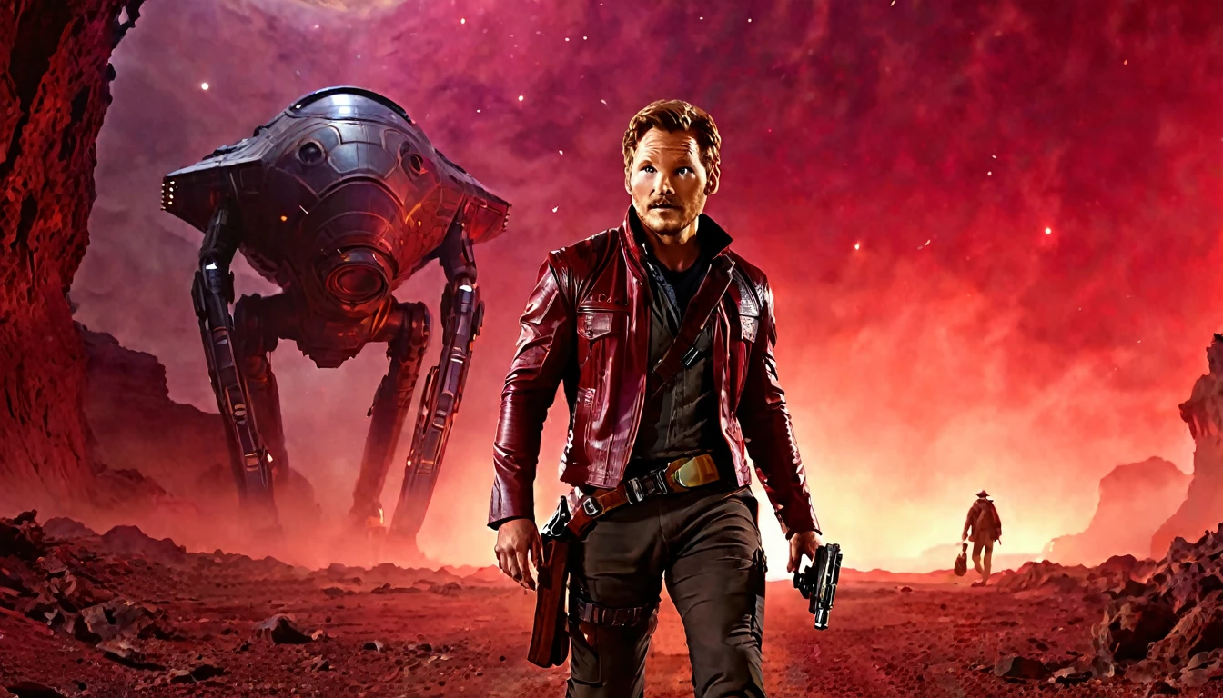 highlighting star lord, walking with Indiana Jones, alien planet, red fog in the background, sci-fi atmosphere, modern style, hyper realistic, cinematic, cinematography, dark lighting, highly detailed, highly focused, IMAX movie poster style, realistic, close-up medium shot up, dynamic shot, --chaos 10 --ar 6:5 --raw style --stylize 600