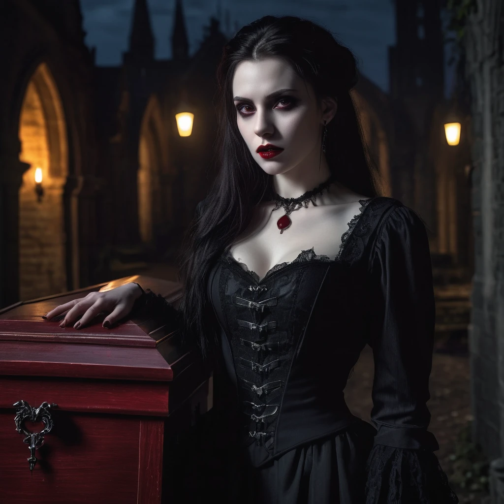 Vampire, live-action, pale skin, Sharp Fangs, piercing red eyes, dark hair, gothic clothing, eerie atmosphere, moonlit night, dramatic shadows, realistic, high detail, cinematic lighting, urban setting,whole body,Coffin