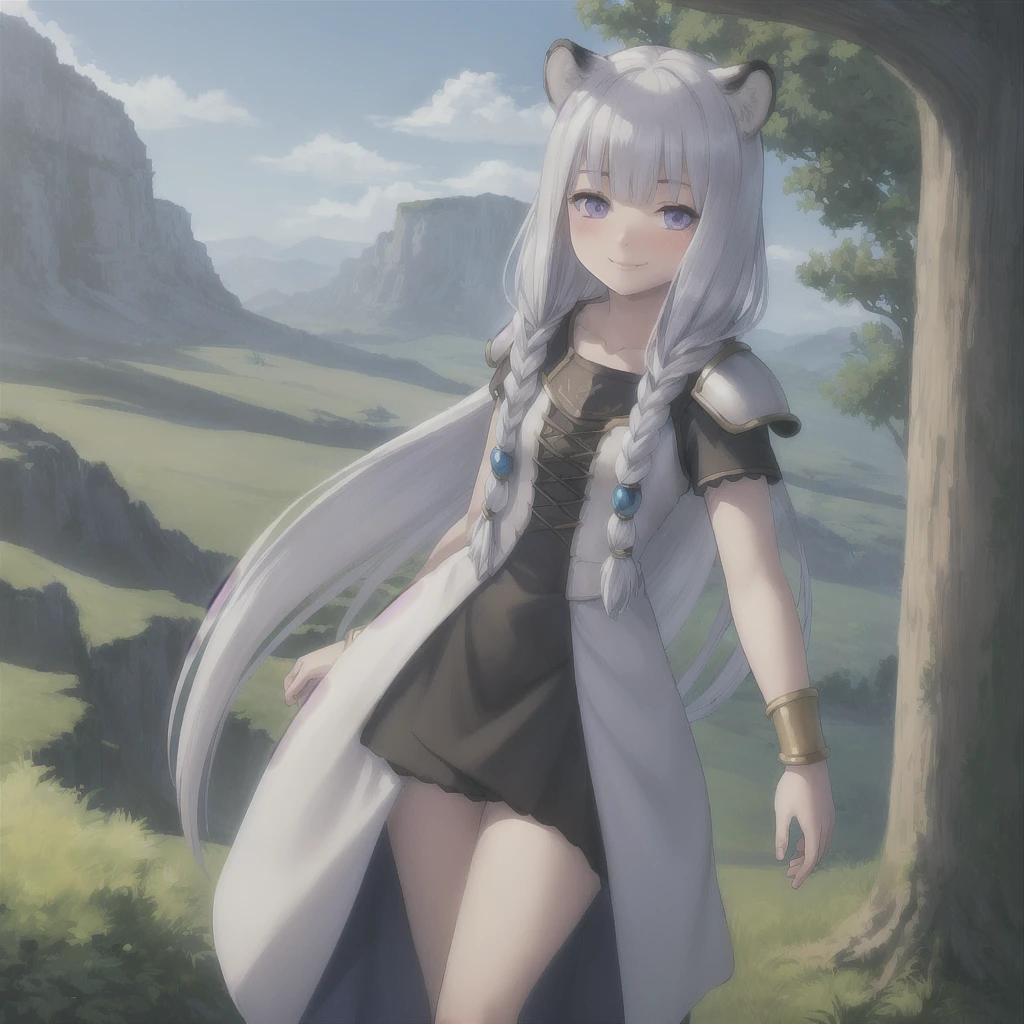 ((masterpiece)), (best quality), (ultra-detailed), photorealistic, (best illustration), ((an extremely delicate and beautiful)), 1girl, solo, long hair, tiger ears, [:tiger tail under:0.2], white hair, two-tone hair, full body, long blue cape, (Alternative outfit:1), platinum armor, cross-laced, standing, evil purple eyes, open eyes, smile, black skirt, short sleeves, detailed scenery, blue sky, horizon, low twin braids, twin braids, hair ornament, bracelet, (knight outfit:0.9), blush, no helmet, Cute but Formidable, girl knight, armor on body. 