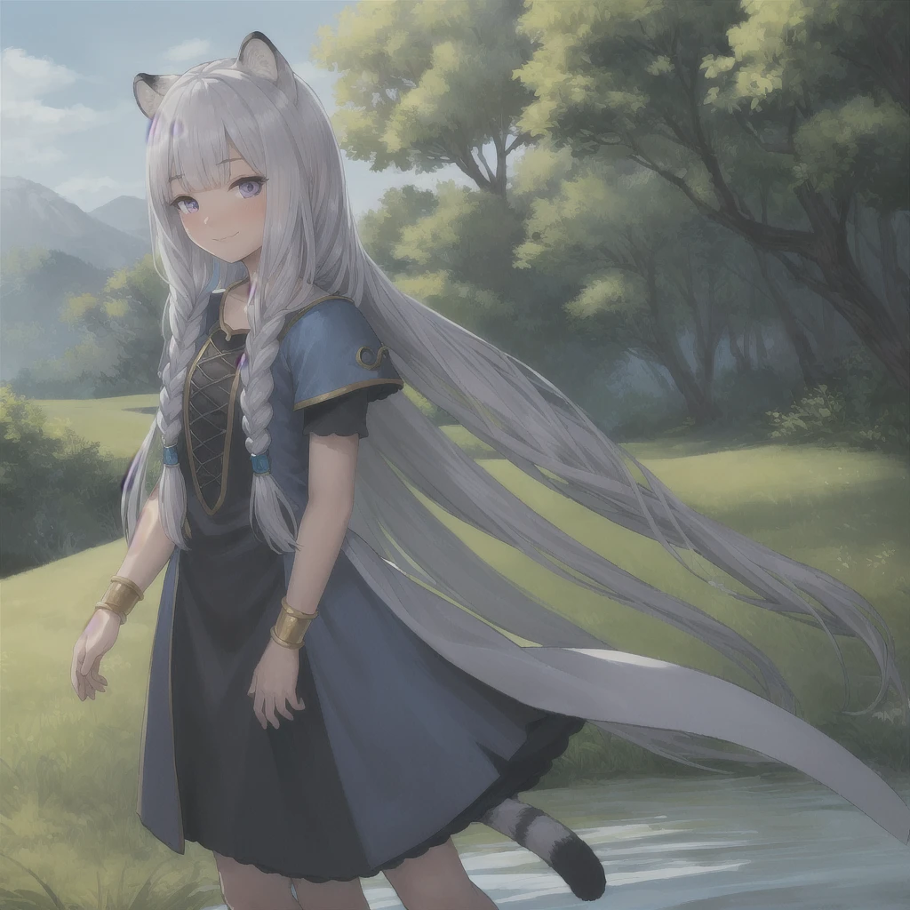 ((masterpiece)), (best quality), (ultra-detailed), photorealistic, (best illustration), ((an extremely delicate and beautiful)), 1girl, solo, long hair, tiger ears, [:tiger tail under:0.2], white hair, two-tone hair, full body, long blue cape, (Alternative outfit:1), platinum armor, cross-laced, standing, evil purple eyes, open eyes, smile, black skirt, short sleeves, detailed scenery, blue sky, horizon, low twin braids, twin braids, hair ornament, bracelet, (knight outfit:0.9), blush, no helmet, Cute but Formidable, girl knight, armor on body. 