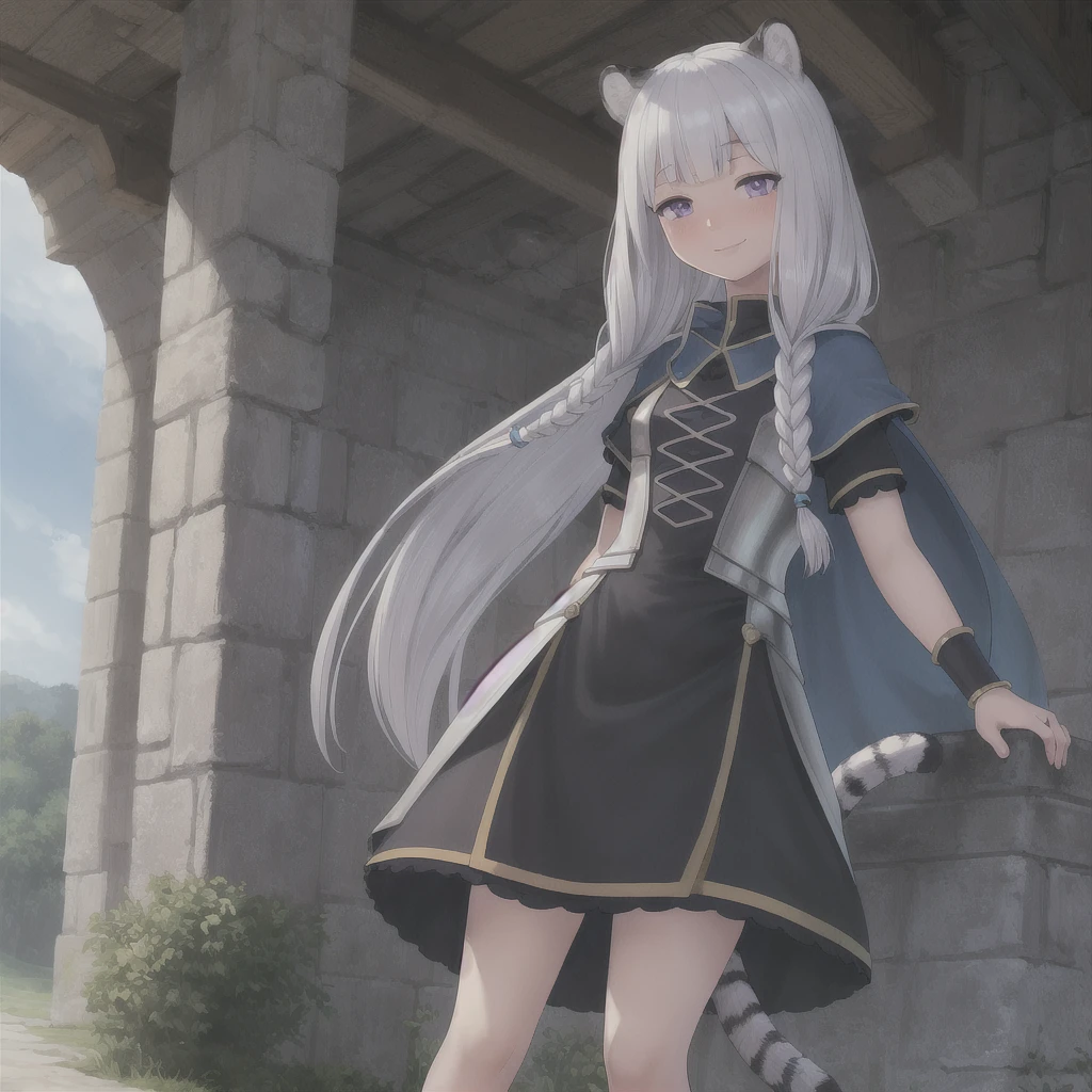 ((masterpiece)), (best quality), (ultra-detailed), photorealistic, (best illustration), ((an extremely delicate and beautiful)), 1girl, solo, long hair, tiger ears, [:tiger tail under:0.2], white hair, two-tone hair, full body, long blue cape, (Alternative outfit:1), platinum armor, cross-laced, standing, evil purple eyes, open eyes, smile, black skirt, short sleeves, detailed scenery, blue sky, horizon, low twin braids, twin braids, hair ornament, bracelet, (knight outfit:0.9), blush, no helmet, Cute but Formidable, girl knight, armor on body. 