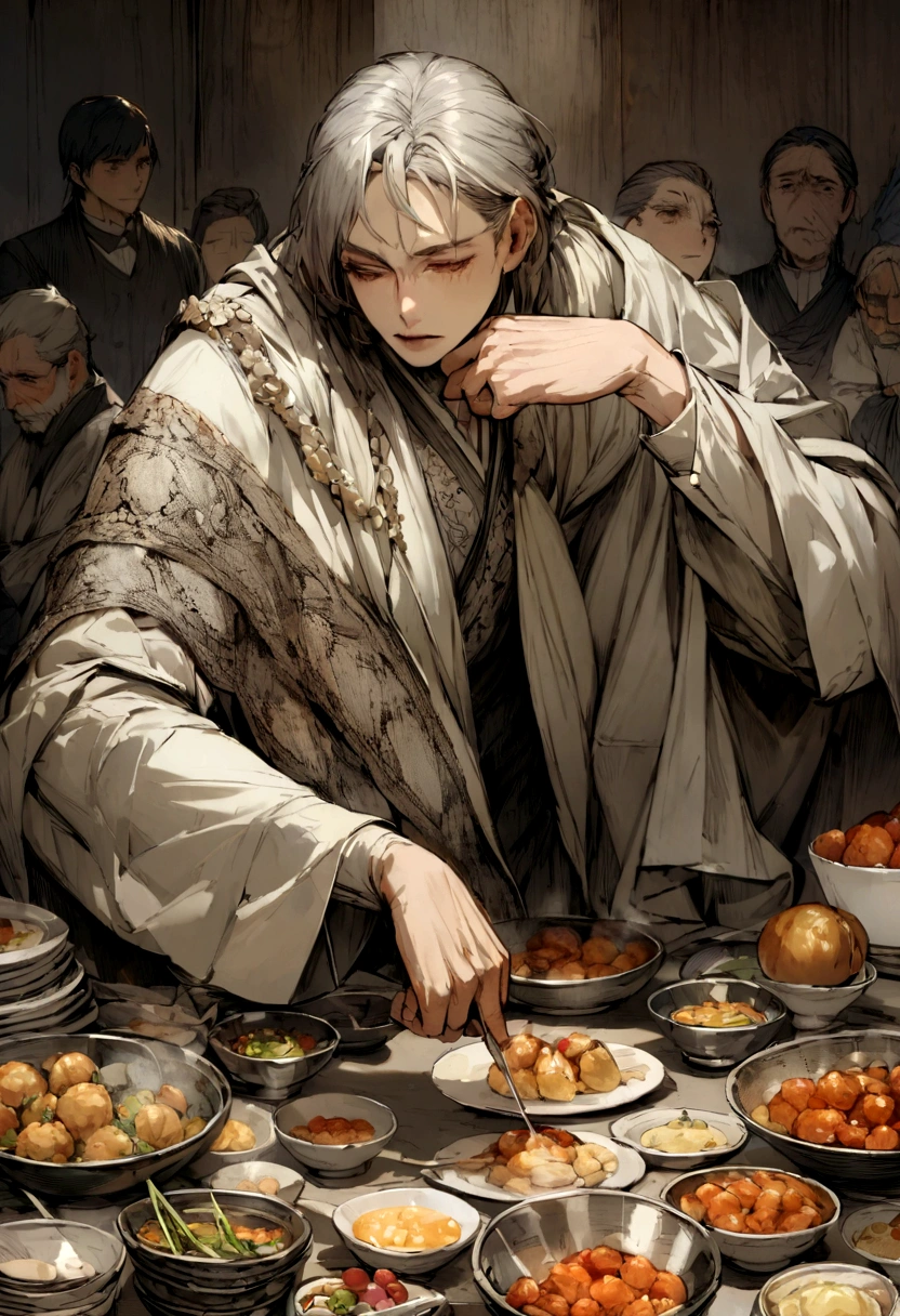 He sighs or groans when he is served a dish that he considers "too much" in quantity.
