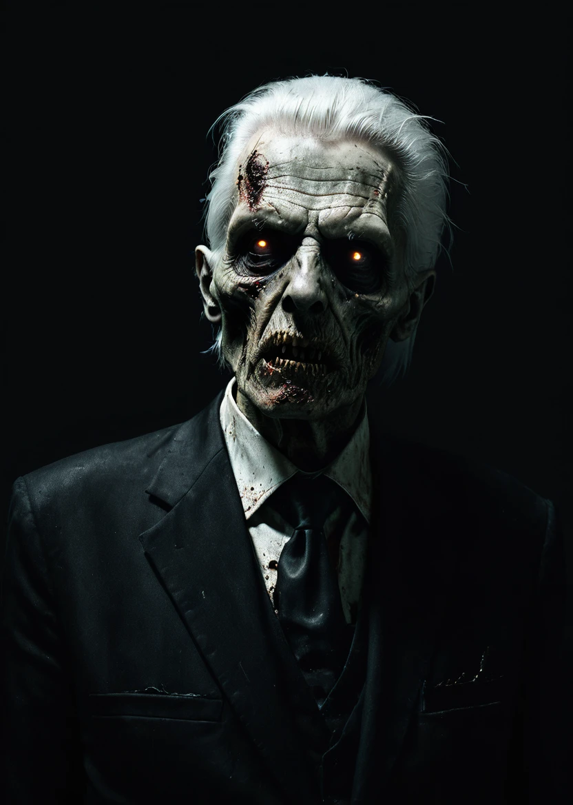 A old zombie George Watson man white hair black suit on the dark room