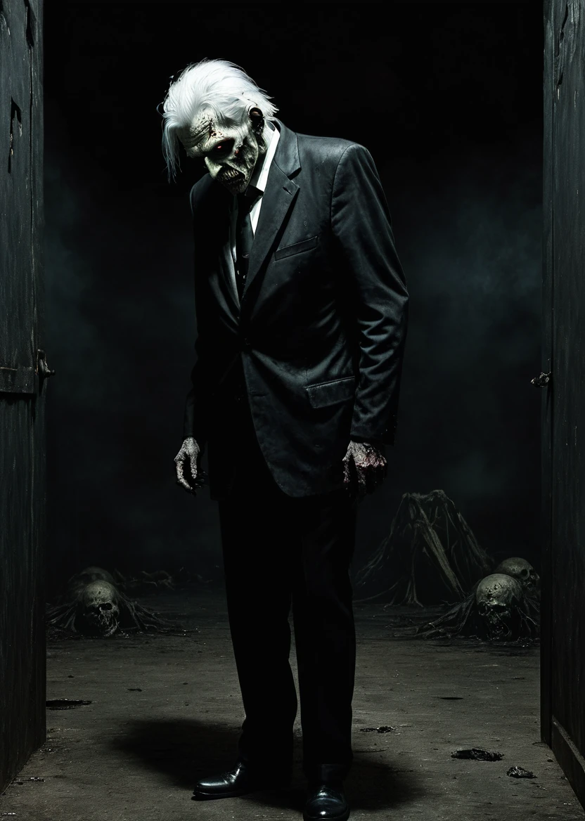 A single Zombie James Watson man in the dark on the room glowing eyes
