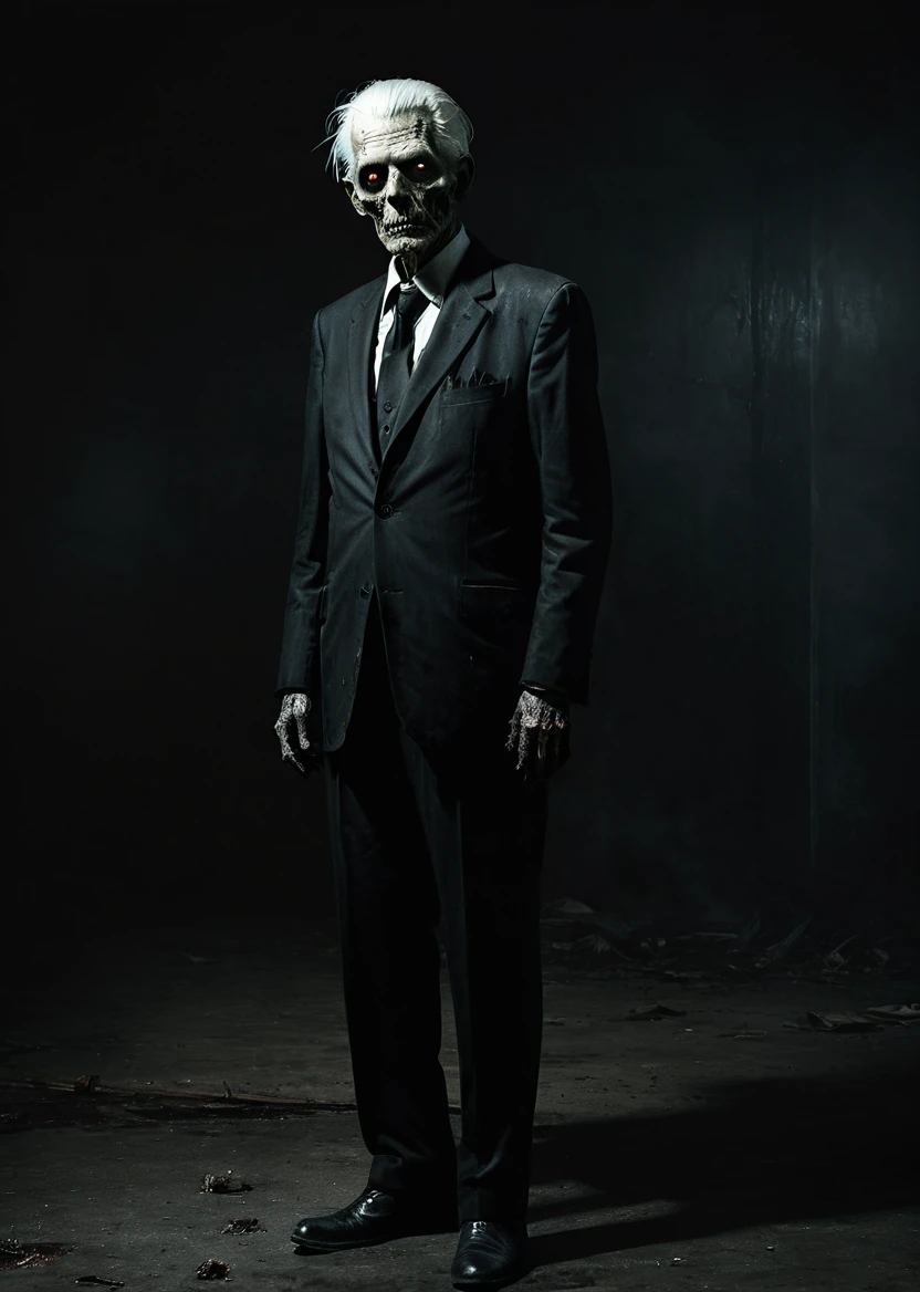 A old zombie George Watson man white hair black suit on the dark room