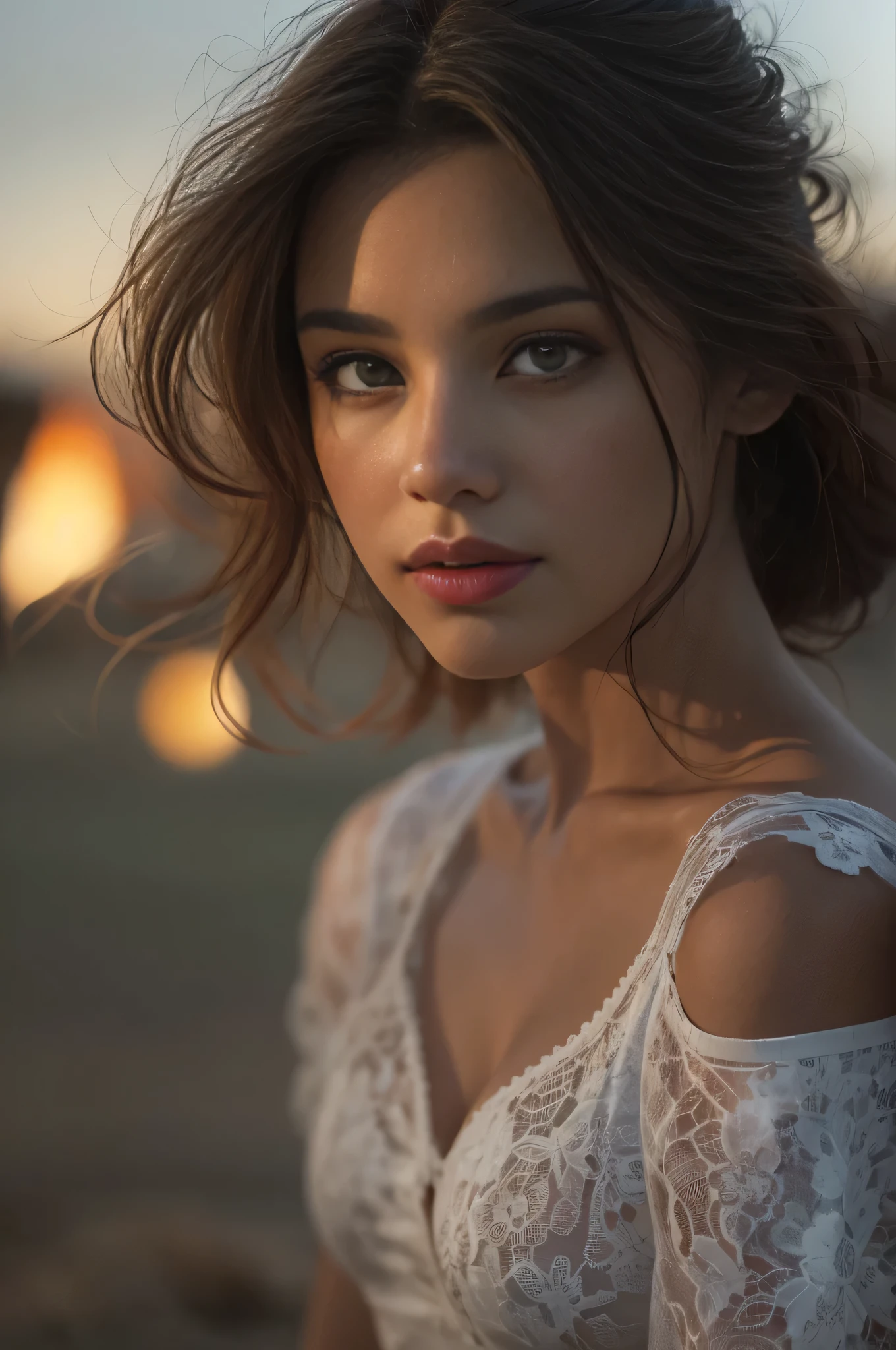 darkness, night, (Sharp focus: 1.5), (sharp focus:1.2), portrait, attractive young woman, (beautiful face:1.1), detailed eyes, luscious lips, (eye makeup:1.2), (tight body:1.2),
wearing (white floral summer dress:1.2) at (the beach:1.2). standing by a bonfire, light from fire glowing on skin.
depth of field, bokeh, 4K, HDR. by (James C. Christensen:1.2|Jeremy Lipking:1.1).
NSFW, moist skin, seductive smile, sexy,