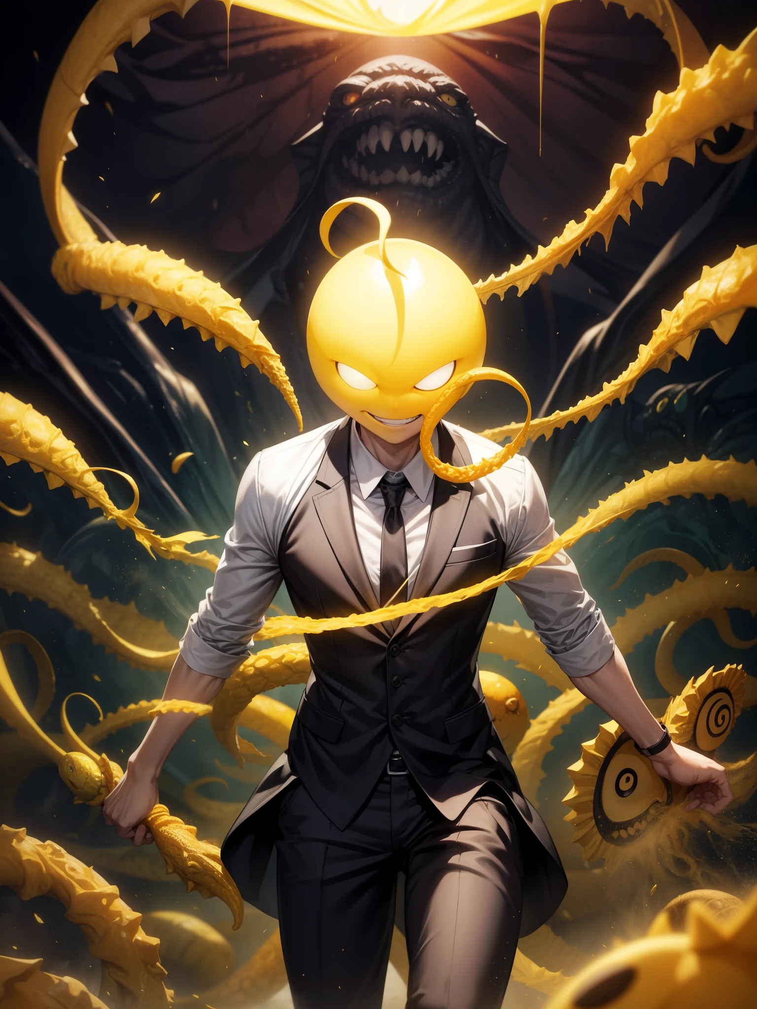 Assassination Classroom「Assassination Classroom」、Yellow body with Cthulhu tentacles on legs、gentlemen、（mortar）、Yellow head、smile、Big smile、Towards、（classroom）、Schoolyard、Dramatic composition、Dynamic action scenes like in a movie、Swirling vibrant colors、Cinematic lighting、Dramatic lighting、Highest quality、Artwork、Very aesthetic、Perfect composition、Elaborate down to the smallest detail、Super detailed