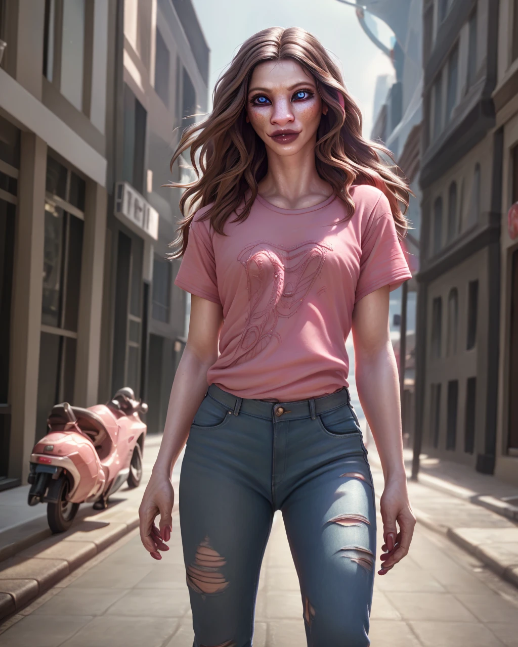 1girl, beautiful detailed eyes, beautiful detailed lips, extremely detailed eyes and face, long brown hair, pink t-shirt, jeans, standing on a street corner, award winning, intricate details, photorealistic, cinematic lighting, volumetric lighting, depth of field, beautiful face, striking pose, dynamic composition, vivid colors, warm tones, transformation into a dragon