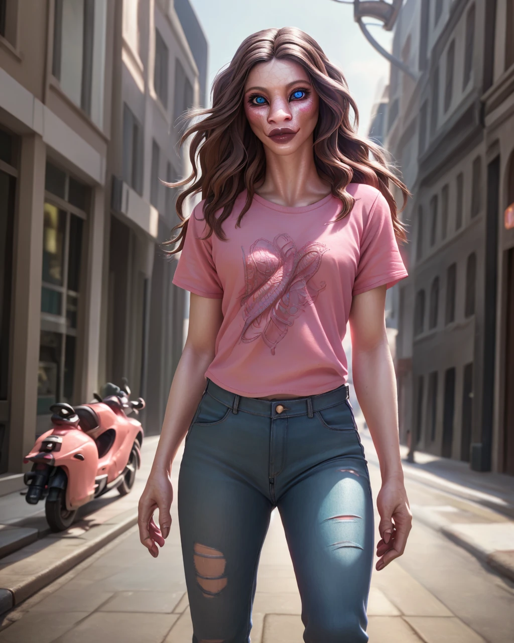 1girl, beautiful detailed eyes, beautiful detailed lips, extremely detailed eyes and face, long brown hair, pink t-shirt, jeans, standing on a street corner, award winning, intricate details, photorealistic, cinematic lighting, volumetric lighting, depth of field, beautiful face, striking pose, dynamic composition, vivid colors, warm tones, transformation into a dragon