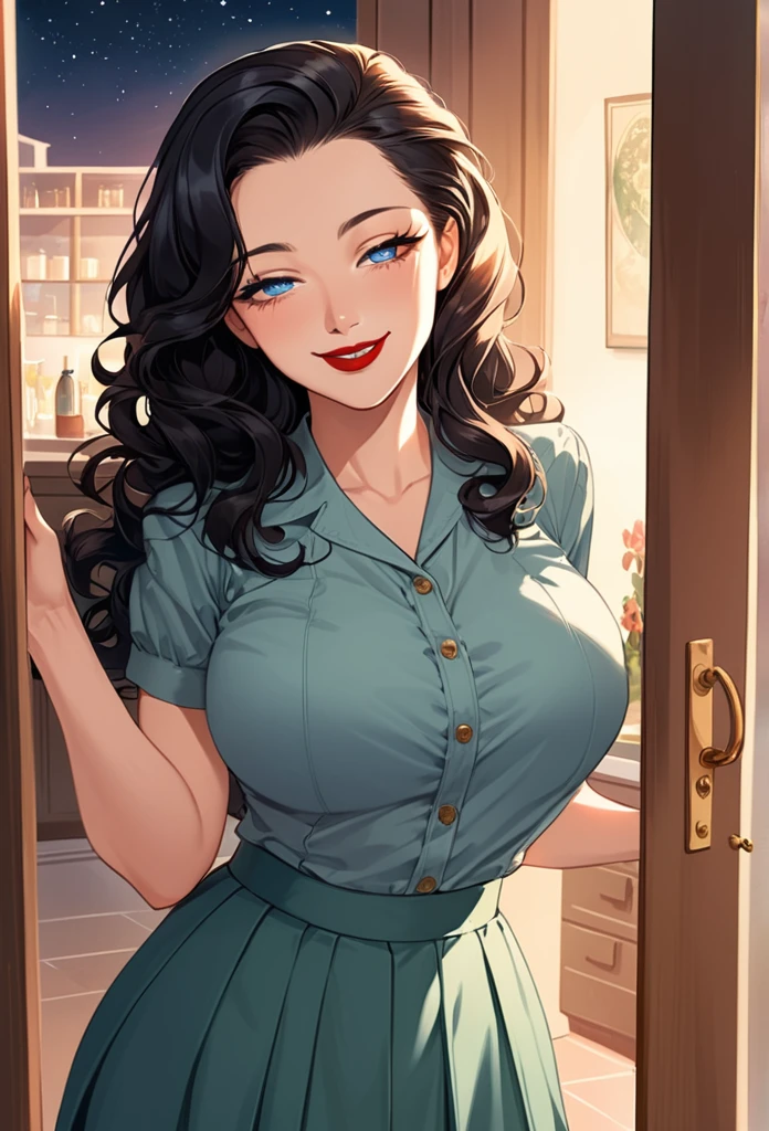 detailed illustration (side view),dynamic angle,ultra-detailed, detailed eyes, detailed face, 1girl, night , nightime, stars, 1940’s wife, button up blouse and long skirt, anime half closed eyes, lidded eyes, bedroom eyes, knowing smile, mischievous smile, smirk, standing in kitchen, domestic goddess, black hair, huge breasts, wholesome yet sexy, motherly, nurturing, MILF, glass sliding door, moonscape outside, dark blue eyes, highly detailed eyes, detailed eyes, bright eyes, long hair, wavy hair, red lips