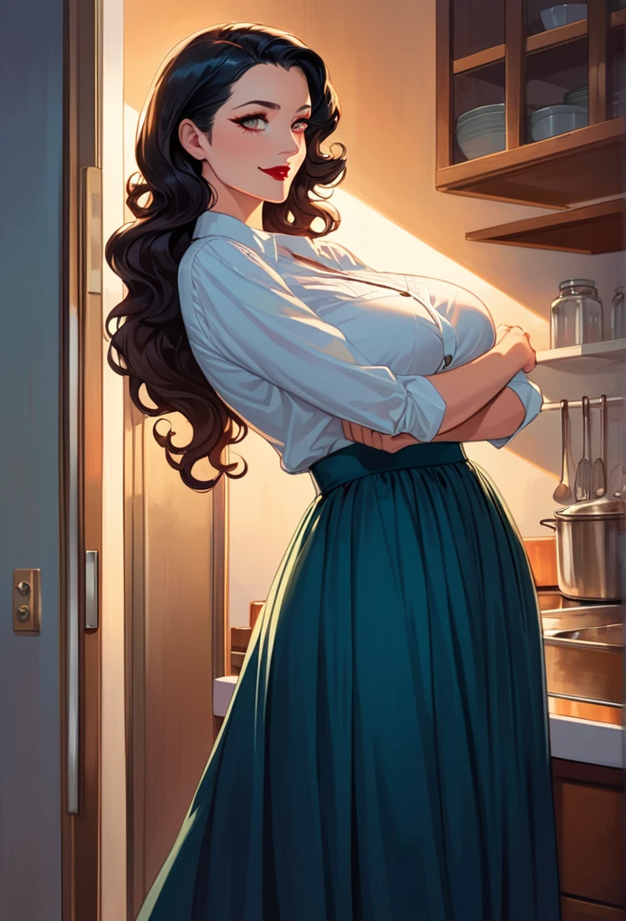 detailed illustration (side view),dynamic angle,ultra-detailed, detailed eyes, detailed face, 1girl, night , nightime, stars, 1940’s wife, button up blouse and long skirt, anime half closed eyes, lidded eyes, bedroom eyes, knowing smile, mischievous smile, smirk, standing in kitchen, domestic goddess, black hair, huge breasts, wholesome yet sexy, motherly, nurturing, MILF, glass sliding door, moonscape outside, dark blue eyes, highly detailed eyes, detailed eyes, bright eyes, long hair, wavy hair, red lips