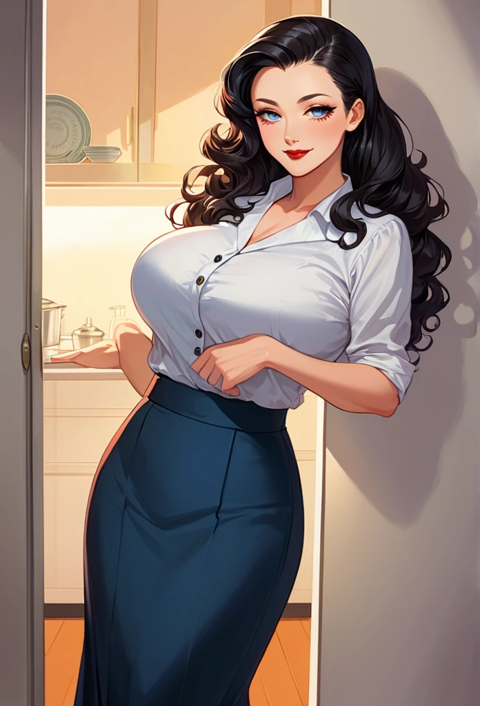 detailed illustration (side view),dynamic angle,ultra-detailed, detailed eyes, detailed face, 1girl, night , nightime, stars, 1940’s wife, button up blouse and long skirt, anime half closed eyes, lidded eyes, bedroom eyes, knowing smile, mischievous smile, smirk, standing in kitchen, domestic goddess, black hair, huge breasts, wholesome yet sexy, motherly, nurturing, MILF, glass sliding door, moonscape outside, dark blue eyes, highly detailed eyes, detailed eyes, bright eyes, long hair, wavy hair, red lips