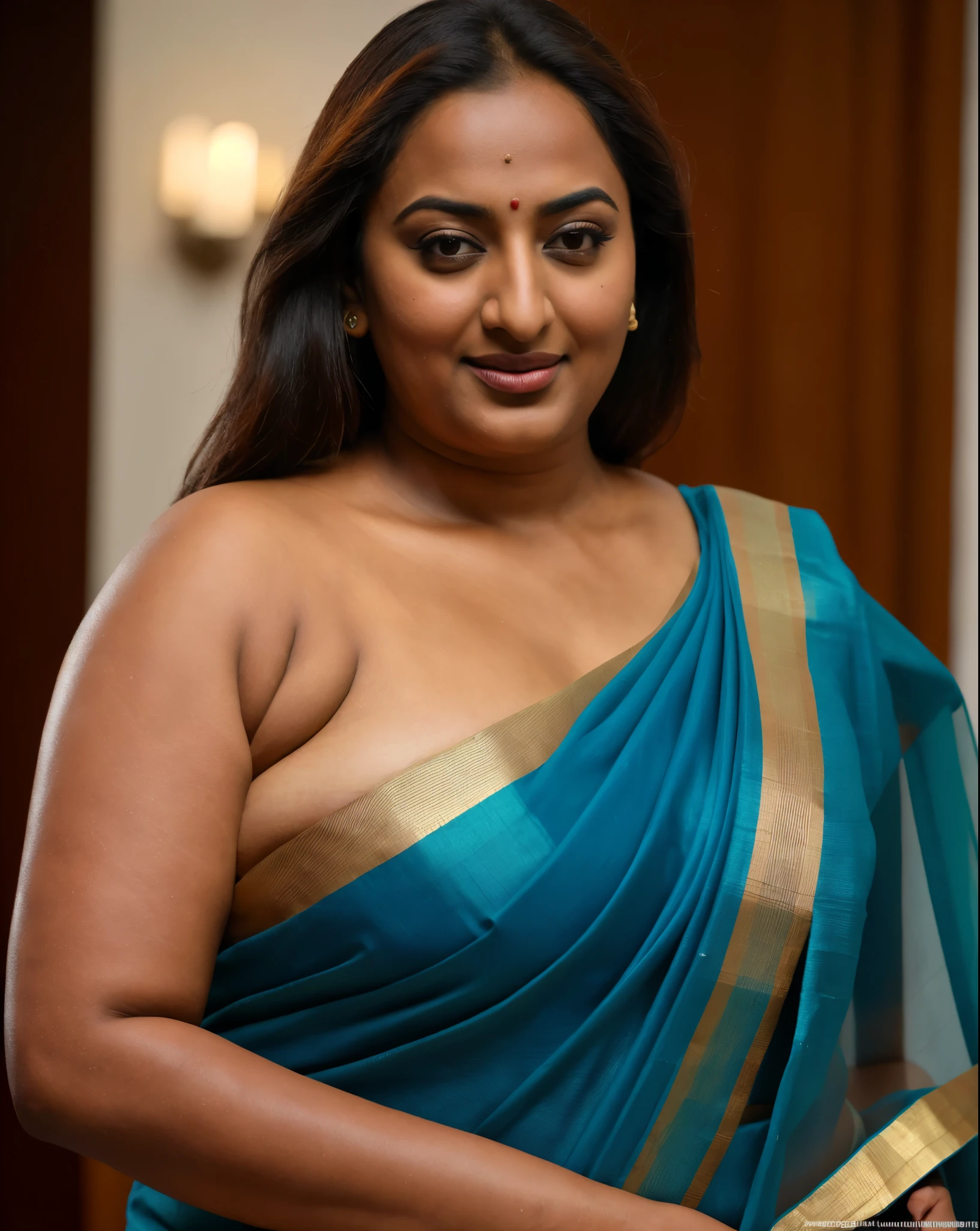 Foto RAW, photorealistic, photography, full body shot, 50 years old Woman, master shot, perfect eyes, goddess like beauty, pierced eyes, perfect thick chubby mallu Desi aunty bhabhi, Wearing a Stanapatta, a chest-band.Saree model, model Photography, Indian saree shoot, Indian traditional wear advertising photography, traditional wear brand shoot, face of Indian actress Sonakshi Sinha, masterpiece, realistic, realism, incredible details, pleasure, photorealism, detailed skin, skin pores, high contrast, photorealistic Artstation 8k HD digital art trend of high definition and detailed realistic skin texture, ultra detail, realistic skin texture, armature, best quality, ultra high definition, (photorealistic:1.4),, high resolution, detail, raw photo, sweat, Re sharp, by Lee Jefferies Nikon D850 Film Stock Photo 4 Kodak Portra 400 Camera F1.6 Lens Rich Color Ultra Real Realistic Realistic Textures Dramatic Lighting Unreal Engine Trending at Art Station Cinestill 800,(pele altamente detalhada: 1.2), 8k UHD, DSLR, soft-lighting, alta qualidade, grain of film, Fujifilm XT3,she didn't like to wear blouse or bra, she is happy to wear only saree, she hates blouse or bra, detailed hairy armpits, hyper realistic skin, skin pores, sweat, veins,