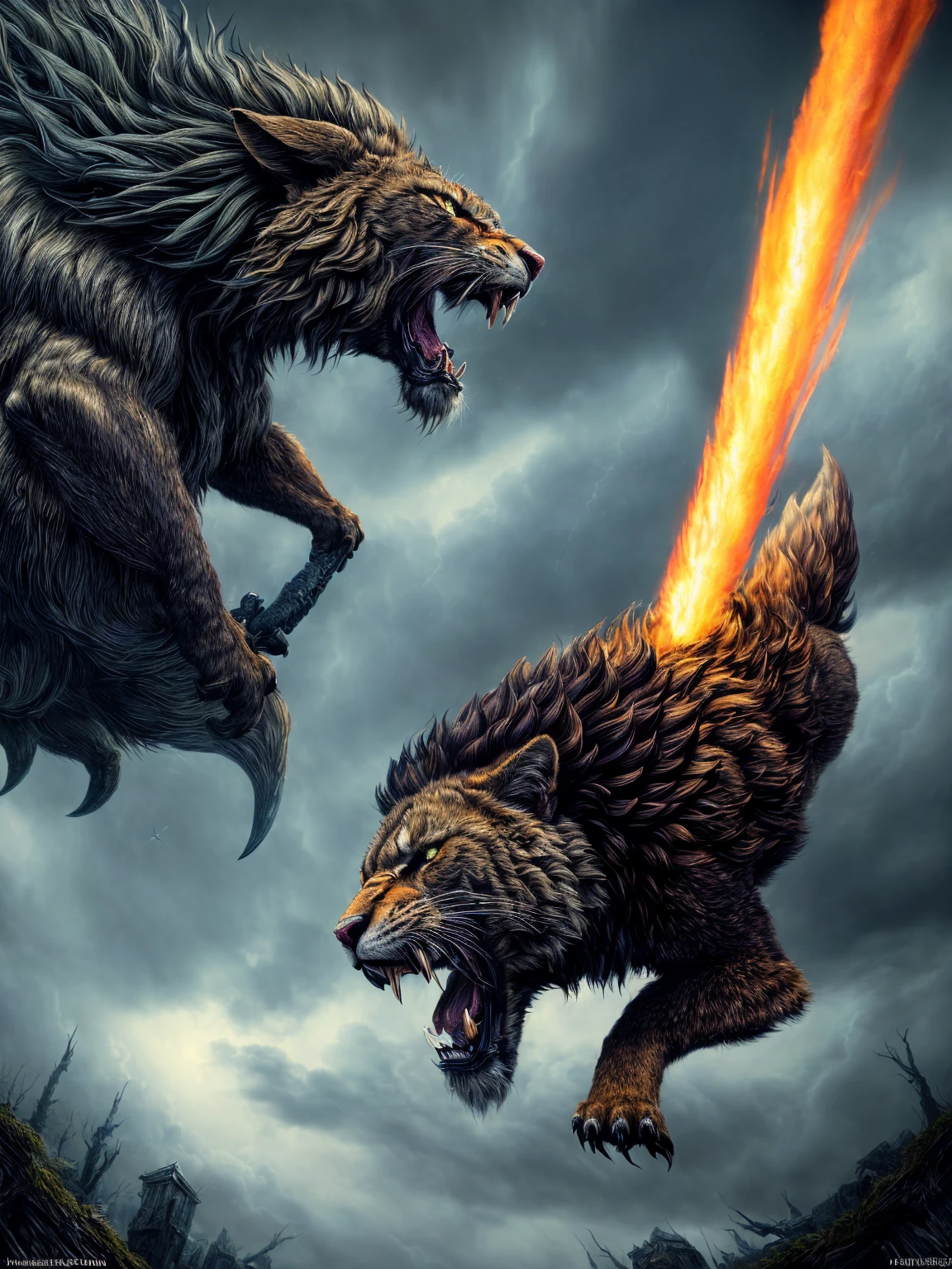 (Award-winning masterpiece:1.5), (incredible detail), (hyper realistic:1.4), (whole body:1.7), (brutal creature being struck down), (witches with bloodied weapons), (creature's roar of agony), (detailed depiction of the final strike), (dramatic lighting), (intricate details:1.1)
