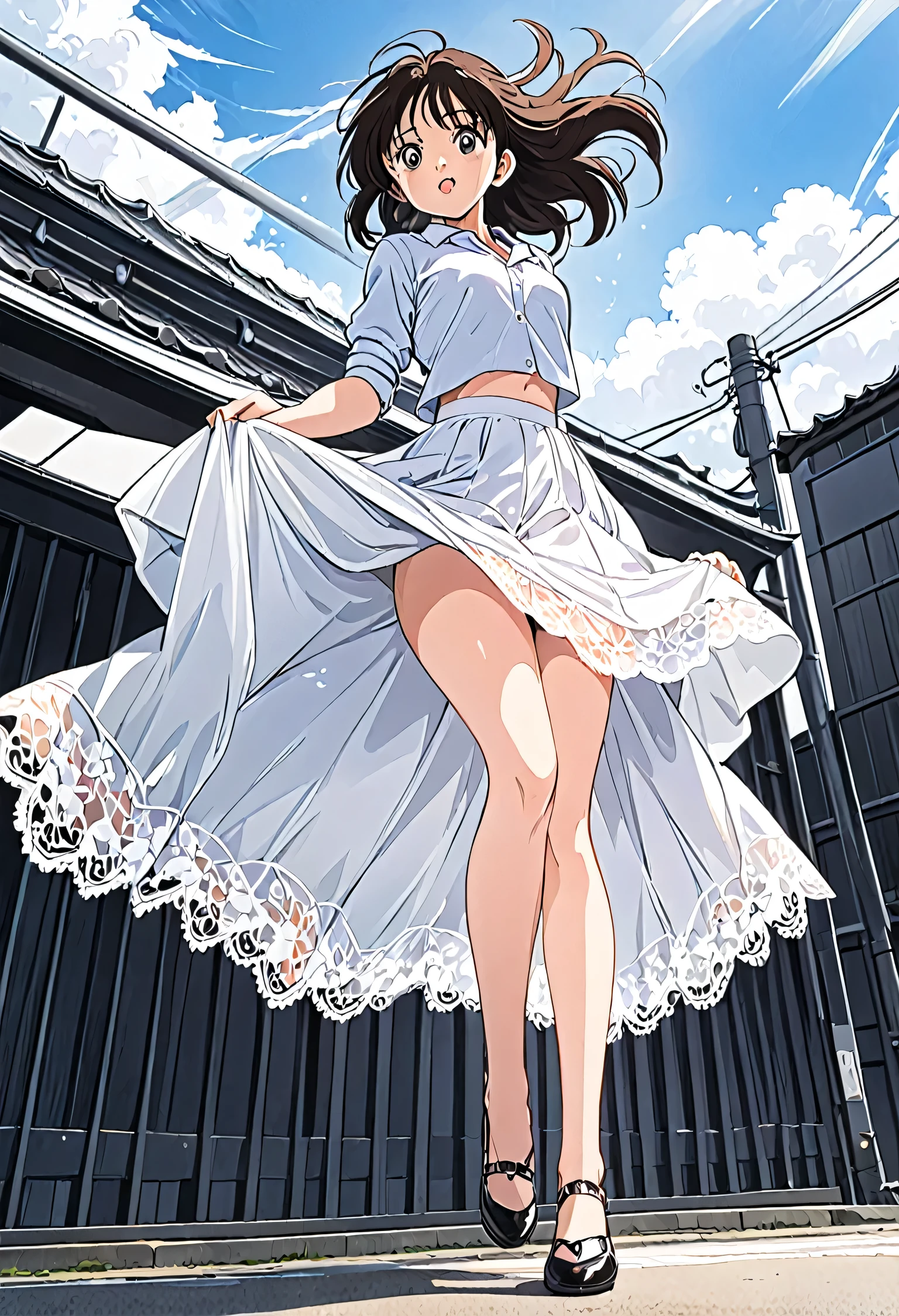 Kyoko OtonashiLow - Angle、
Low - Angle、Long skirt、Hold down your skirt that is being blown up by the strong wind、Anime white panties in a strong wind、Crotch is visible
ローレグのパンツ、Farbe: White、
Crotch is visible、
、Lined、White lace lining、
