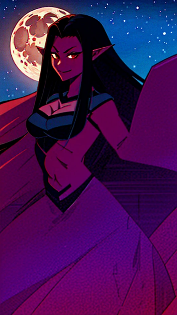 1girl,mature female,30s,sensual,black armor,cleavage,medusa hair,pointy ears,black hair((red skin,colored skin)),night,moon,night sky,floating,evil smile,dancing on sky