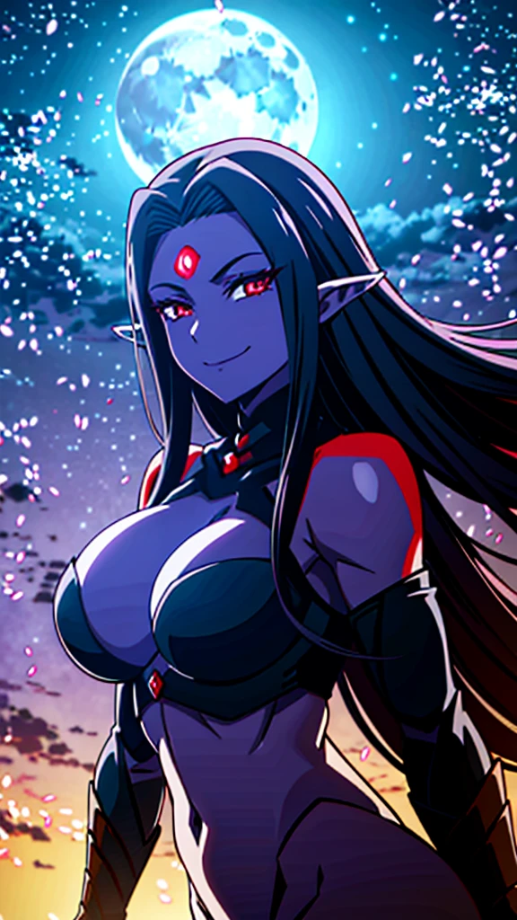 1girl,mature female,30s,sensual,black armor,cleavage,medusa hair,pointy ears,black hair((red skin,colored skin)),night,moon,night sky,floating,evil smile,dynamic pose