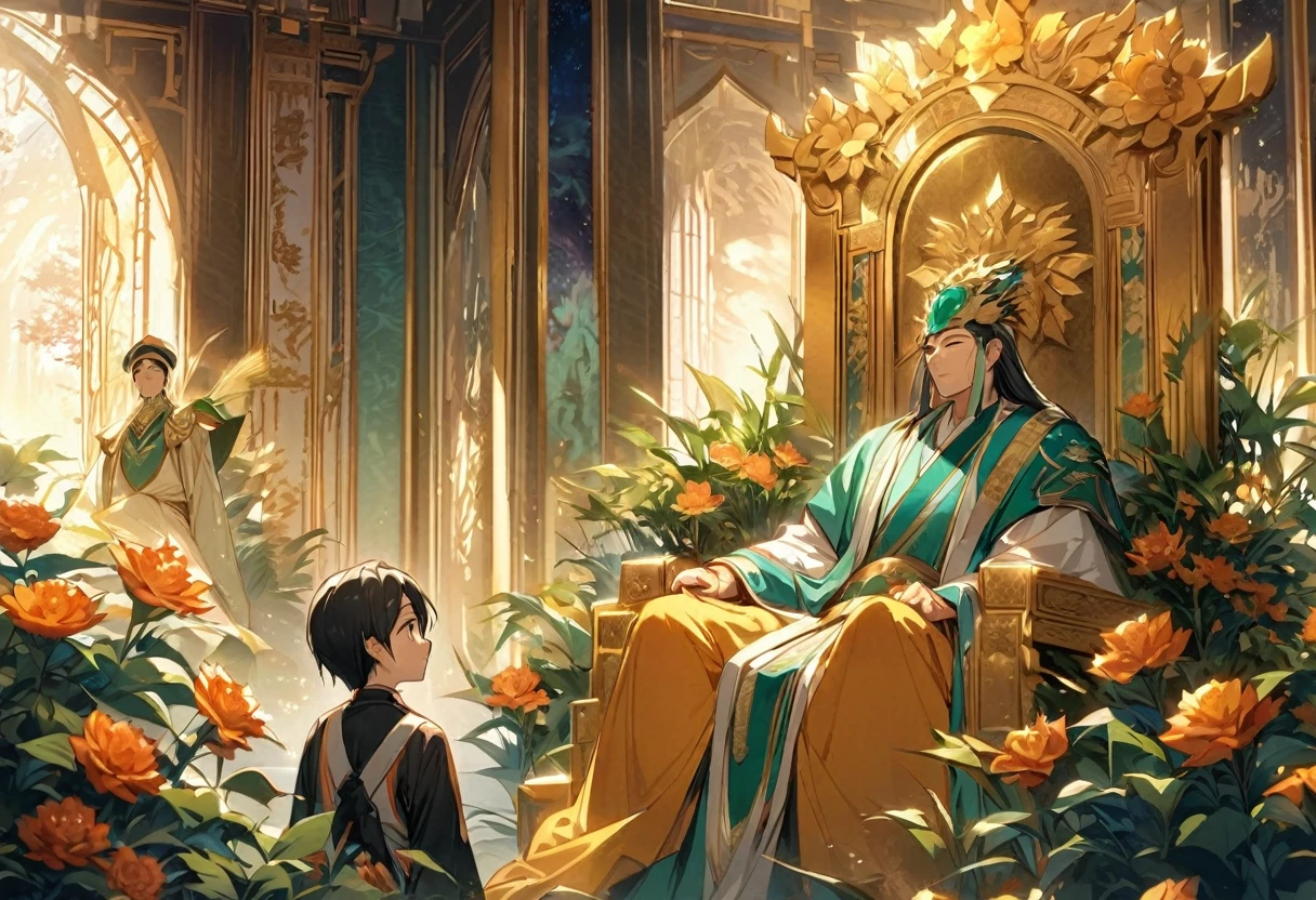 show 2 people, a jade Emperor seated on a magnificent golden throne in the heavenly realm looks down to a young farmer who is in simple clothing stands respectfully before him . Surround them with vibrant celestial flora under a soft, golden light, symbolizing the sacred nature of the encounter.