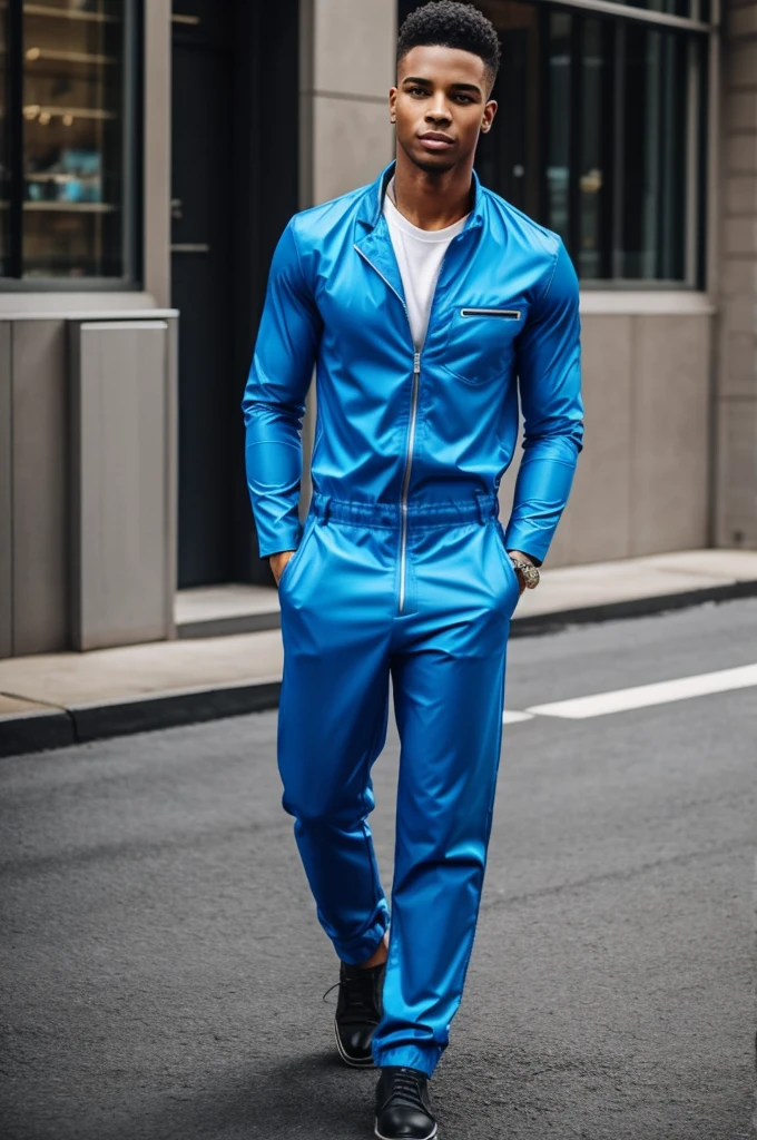 I need a young man with a jumpsuit that has sleeves that is electric blue