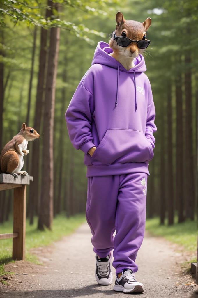 Make a bipedal squirrel that wears a purple hooded sweatshirt and black sunglasses