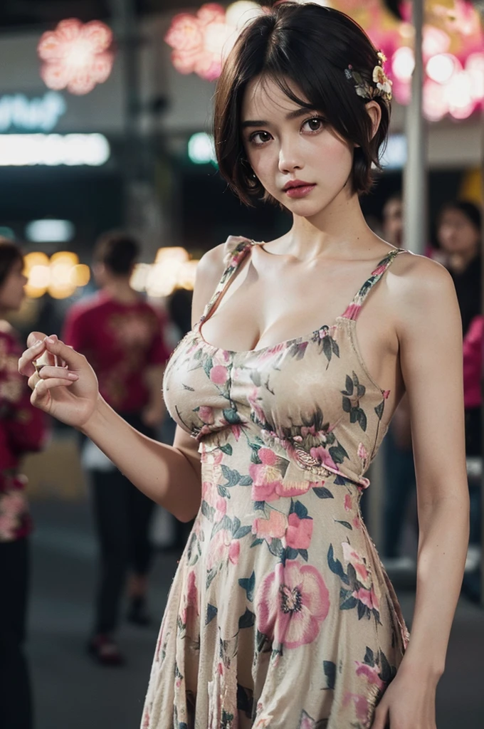 best quality, one girl, (skin indentation), (huge breast: 1.2), (blur background: 0.6), in a crowded amusement park, (casual yet stylish, elegant clothing, floral dress: 1.5), gorgeous, (short hair: 1.5), soft lighting, wind, (front light: 1.5), surprised, 