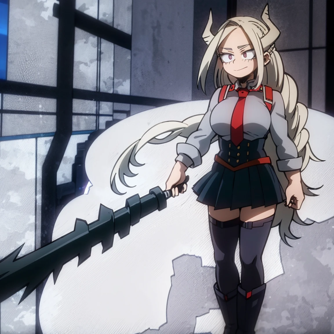 1girl, female focus, boku no hero academia, masterpiece, best quality, very aesthetic, cowboy shot, big breasts, long braid hair, dark hair, purple eyes, smirk, gray jacket, red tie, white shirt, teal skirt, gray tights, boots 