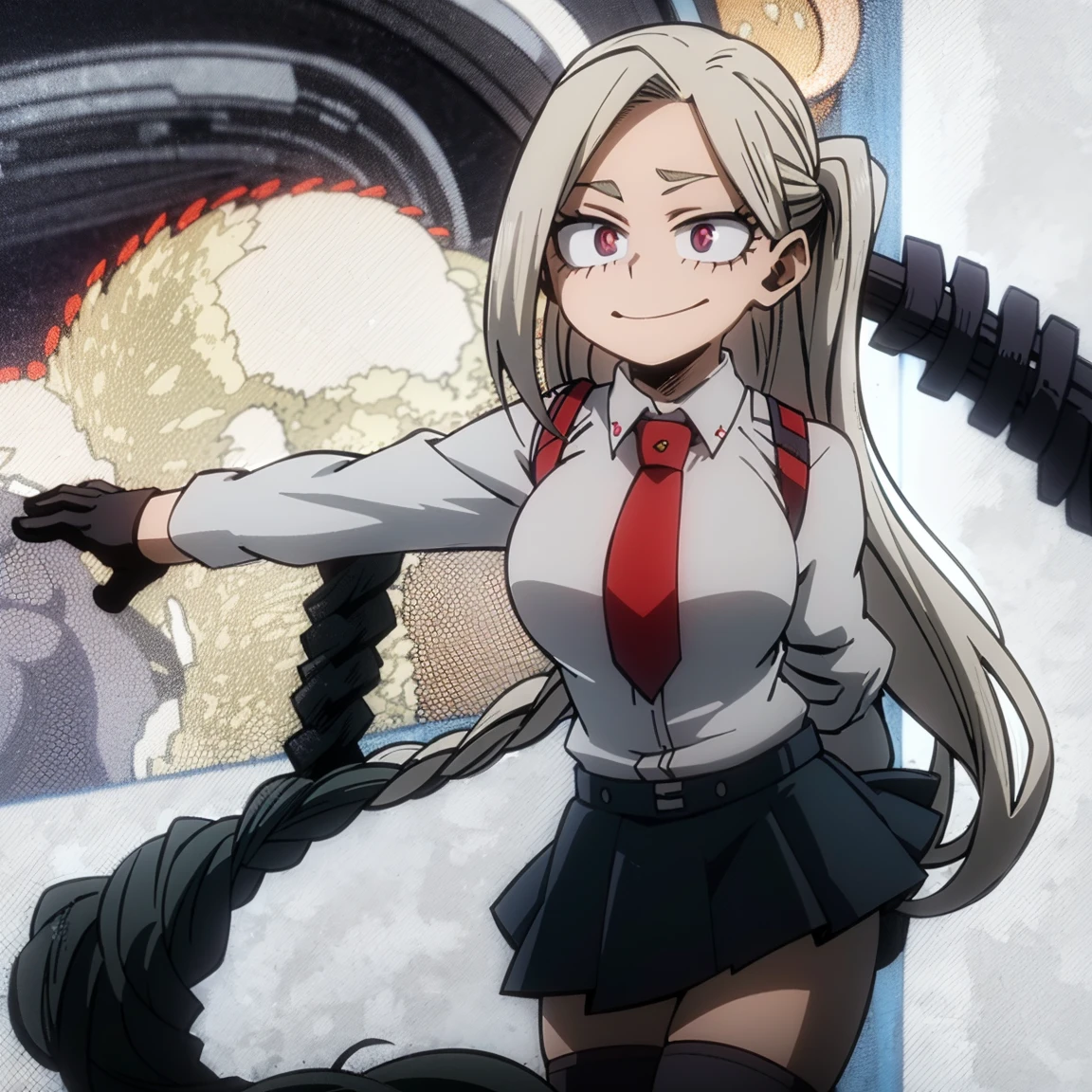 1girl, female focus, boku no hero academia, masterpiece, best quality, very aesthetic, cowboy shot, big breasts, long braid hair, dark hair, purple eyes, smirk, gray jacket, red tie, white shirt, teal skirt, gray tights, boots 