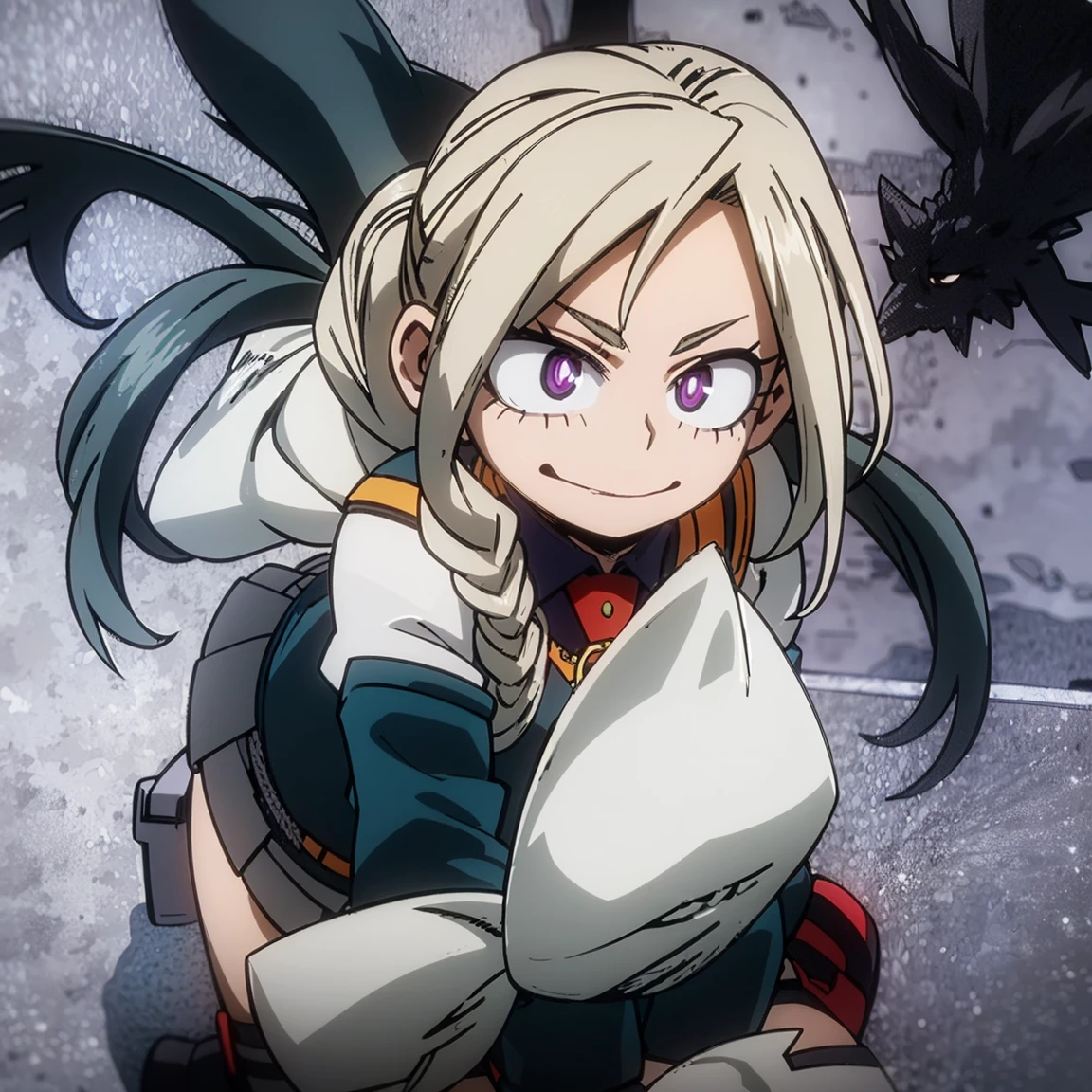 1girl, female focus, boku no hero academia, masterpiece, best quality, very aesthetic, cowboy shot, big breasts, long braid hair, dark hair, purple eyes, smirk, gray jacket, red tie, white shirt, teal skirt, gray tights, boots 