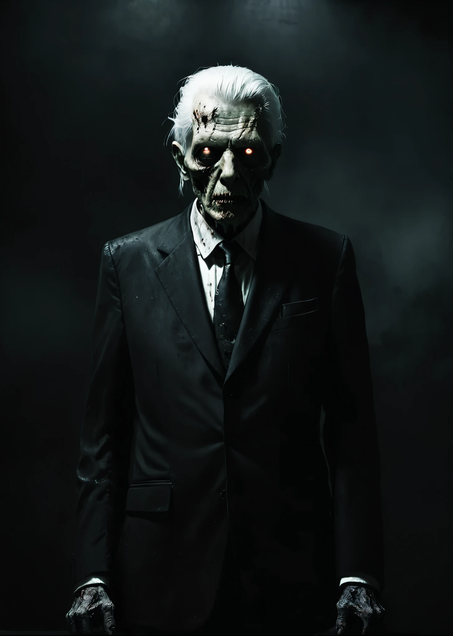 A old zombie George Watson man white hair black suit on the dark room