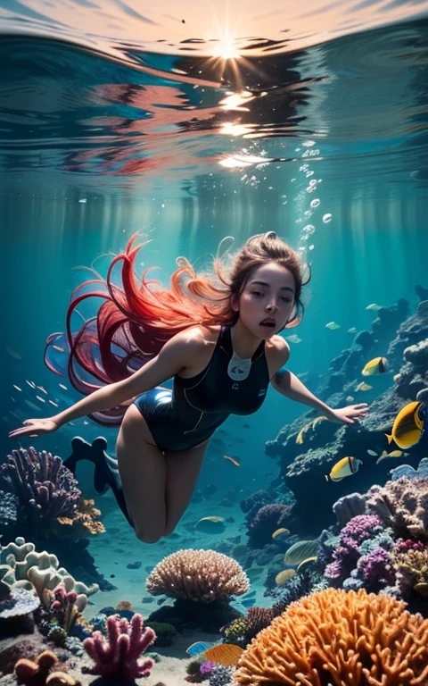 Inspired by marine nature, a cyborg girl with an elegant and graceful body dives into the warm depths of the ocean. She is dressed in a light and transparent swimsuit that hugs her futuristic body, allowing her to move freely in the water. Her metallic skin, giving her a special charm, reflects the play of sunlight underwater, creating an impression of mystery and magic.
Best quality, ultra-detailed, photorealistic:1.37, HDR, studio lighting, physically-based rendering, extreme detail description, professional, vivid colors, bokeh.
The cyborg girl's eyes are equipped with special lenses that allow her to see every detail of the underwater world. Her artificial hands are transformed into graceful tentacles, which she uses to affectionately touch sea creatures and collect unique specimens.
She explores the vibrant underwater world, surrounded by colorful coral reefs and vibrant marine life. The coral reefs are teeming with life, with schools of tropical fish swimming amidst the corals. The water around her is crystal clear, allowing her to see the smallest details of the marine environment.
As she swims gracefully through the ocean, she creates mesmerizing art inspired by the marine surroundings. Using her tentacles, she gently paints delicate strokes, capturing the intricate beauty of the sea. The colors she uses are vibrant and reflective, mirroring the bright hues of the corals and the shifting sunlight.
Her artwork reflects not only the beauty of the ocean and its inhabitants but also her own admiration and dedication to this amazing world. Through her art, she portrays the depth and emotional power of the sea, evoking a sense of wonder and awe.
Viewers of her artwork are transported into the magical world of the ocean, where emotions and thoughts transcend reality. The images she creates bring joy and inspiration, allowing people to experience the magic of the ocean and feel a deep connection to nature on a new level.
In her art, she captures the essence o