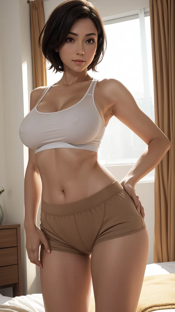 bedroom,daytime,short hair,Wear underwear on the upper body,Wear yoga shorts on the lower body,Camel toe,Bend over and lift your buttocks,G cup,Full buttocks,40-year-old female