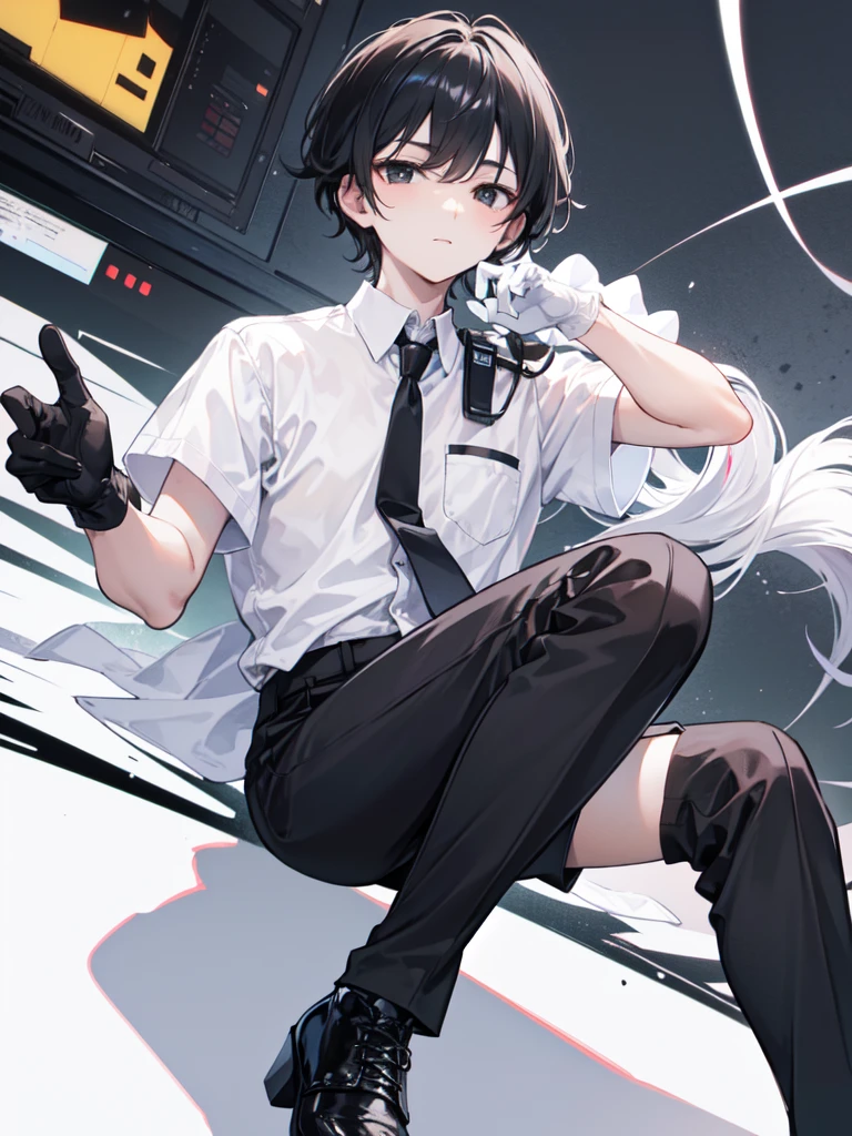 18-year-old boy,cute,Wear a white short-sleeved shirt and a black work tie,Wear black pants,Wear black booties,Wear white gloves,Black hair,Black eyes,Seductive pose