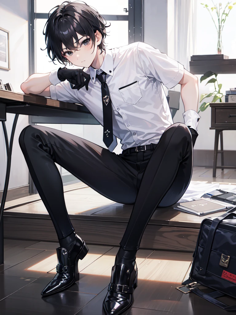 Ridiculous resolution, high resolution, (masterpiece: 1.4), hyper-detailed, classroom, young man messy black hair, white suspenders, sitting, sleeping