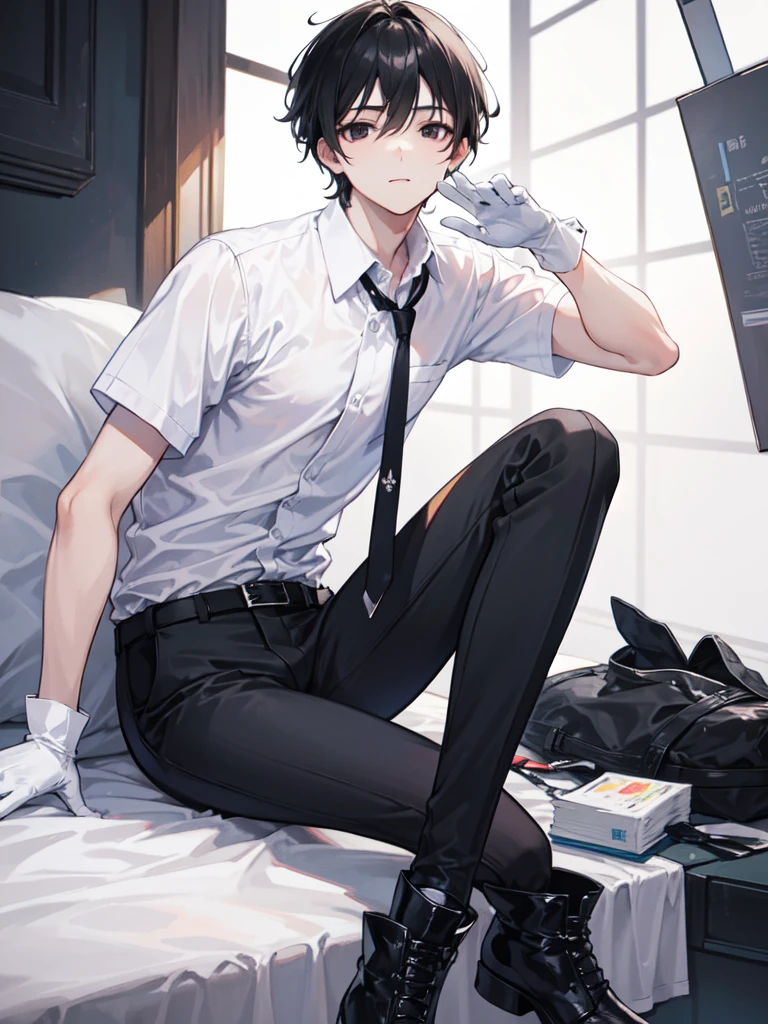 18-year-old boy,cute,Wear a white short-sleeved shirt and a black work tie,Wear black pants,Wear black booties,Wear white gloves,Black hair,Black eyes,Seductive pose